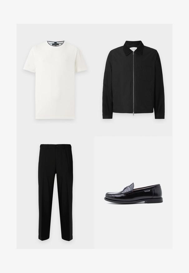 Chaqueta negra de manga larga con cremallera y collar, con un bolsillo en el pecho y dos bolsillos laterales, exhibida sobre un fondo blanco.; Camiseta de manga corta blanca con patrón texturizado, cuello redondo y ribete a rayas azul marino en el cuello. Tejido ligero. Corte casual.; Pantalones negros de tela suave, con corte recto, dos bolsillos frontales y cremallera con cierre de botón.; Mocasines de cuero negro con acabado brillante, que presentan un diseño cosido en la puntera y una suela baja de goma negra texturizada.