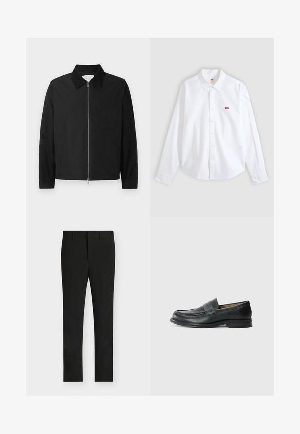 Sort langærmet zip-jakke med krave, en brystlomme og to sidelommer, præsenteret på en hvid baggrund.; Hvid langærmet skjorte med knapper og krave samt lille rødt Levi's-logo på venstre brystområde på en neutral baggrund.; Sorte slim fit bukser med bæltestropper, foran lynlås og fladt frontparti, vist på en lys grå baggrund.; Sorte læder loafers med et klassisk design, der har en syet detalje ved tåen og en lav, tekstureret gummisål.