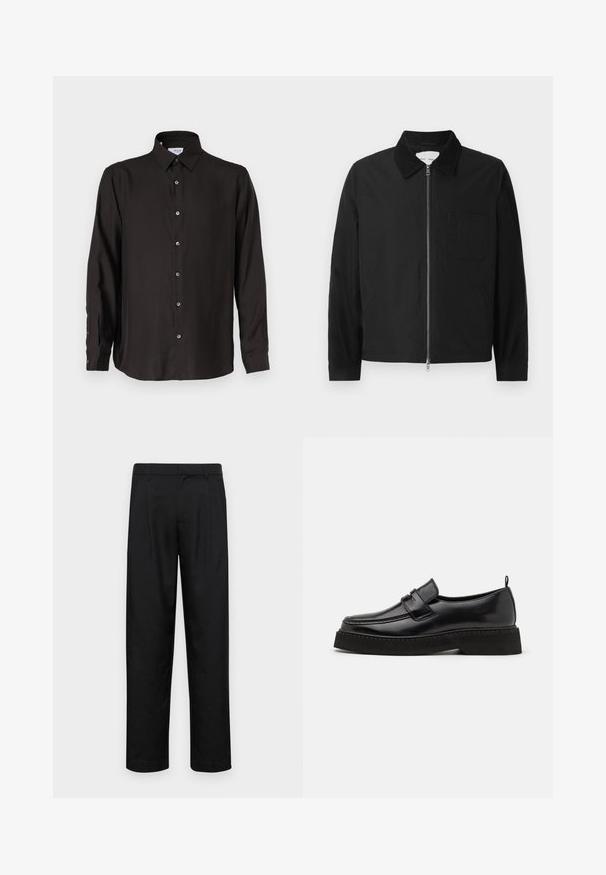 Schwarze Langarm-Jacke mit Reißverschluss und Kragen, einer Brusttasche und zwei Seitentaschen, auf einem weißen Hintergrund präsentiert.; Schwarzes Langarmhemd aus glattem Stoff, mit durchgehender Knopfleiste, spitzem Kragen und abgerundetem Saum mit kontrastierenden Knöpfen.; Schwarze Hose aus glattem Stoff, mit geradem Bein Design, zwei vorderen Falten und einem Standardbund mit Gürtelschlaufen.; Schwarze Leder Slipper mit flacher, strukturiertem Sohlen, mit einer gestickten Zehenpartie und einem Riemen über dem Spann.