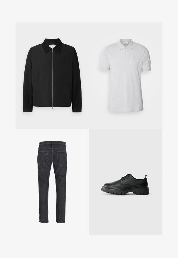 Zwarte lange mouwen ritsjack met kraag, een borstzak en twee zijzakken, weergegeven op een witte achtergrond.; Grijze polo shirt van katoen, met een klassieke kraag, een knoopsluiting met twee knopen en een klein geborduurd logo op de linkerborst.; Donkergrijze jeans met rechte pijpen, gezien van achteren, met twee achterzakken en riemlussen op de tailleband.; Zwarte leren veterschoenen met een ronde neus, een gestructureerd oppervlak en een chunky rubberen zool met diepe profielen voor grip.