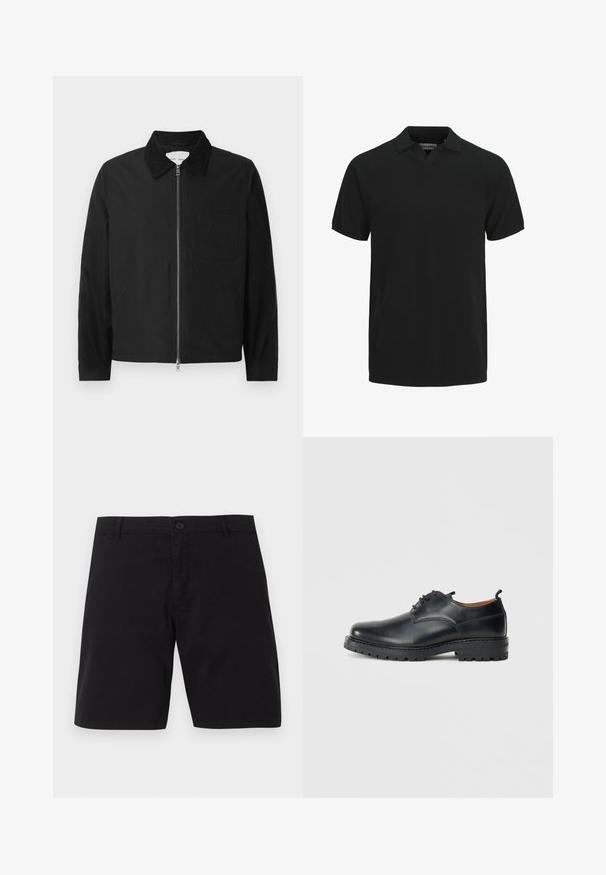 Veste zipée noire à manches longues avec col, une poche poitrine et deux poches latérales, présentée sur un fond blanc.; Polo noir à manches courtes avec col et petite ouverture en V, en tissu texturé.; Shorts décontractés noirs avec fermeture par bouton, passants pour ceinture et design simple, présentés sur un fond uni.; Chaussures derby en cuir noir avec une texture lisse, bout rond, design à lacets et une semelle en caoutchouc épaisse et robuste.