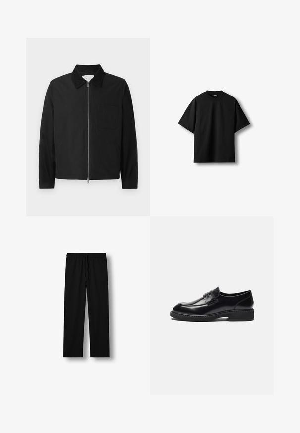 Veste zipée noire à manches longues avec col, une poche poitrine et deux poches latérales, présentée sur un fond blanc.; T-shirt noir à manches courtes avec col rond et coupe décontractée, présenté à plat sur fond blanc.; Pantalon noir droit avec taille élastique et cordon, doté de poches latérales, présenté sur fond blanc.; Zign by Zalando LEATHER - Mocassins de ville - black