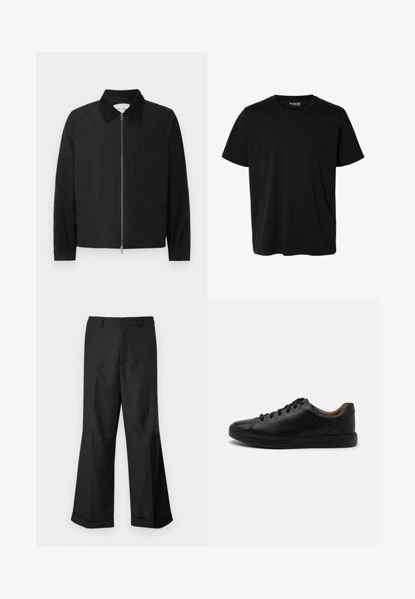Veste zipée noire à manches longues avec col, une poche poitrine et deux poches latérales, présentée sur un fond blanc.; T-shirt noir uni à manches courtes et col rond pour homme, sans motifs ni logos visibles à l’avant.; Pantalons noirs à jambes larges avec taille boutonnée et ourlets retroussés, présentés sur un arrière-plan blanc uni.; Baskets en cuir noir avec une finition lisse, bout rond et fermeture à lacets à six œillets ; dotées d'une semelle en caoutchouc noir pour une bonne adhérence.