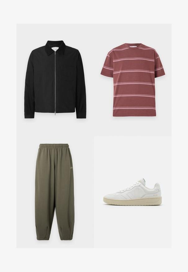 Sort langærmet zip-jakke med krave, en brystlomme og to sidelommer, præsenteret på en hvid baggrund.; Maron T-shirt med vandrette pink striber, rund hals, korte ærmer og en afslappet pasform. Fremstillet af blødt bomuldsmateriale.; Grågrønne sweatpants med elastisk talje og manchetter. Har minimal branding i matchende tråd på siden. Blød tekstur.; Hvide lædersneakers med struktureret overflade og polstret krave. Har en beige gummisål og diskret branding på hælen og siden.