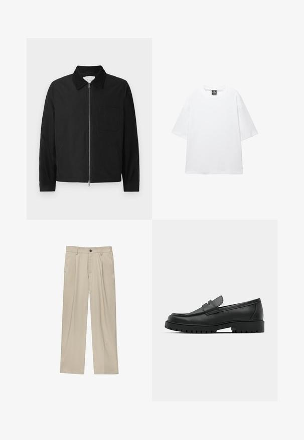 Veste zipée noire à manches longues avec col, une poche poitrine et deux poches latérales, présentée sur un fond blanc.; T-shirt blanc uni à manches courtes avec un col rond et une étiquette noire à l'intérieur du col arrière.; Pantalon beige coupe droite avec passants de ceinture, fermeture par bouton, poches avant et pli marqué sur chaque jambe.; Mocassins en cuir noir à bout arrondi, avec un design cousu, une semelle plateforme basse et une semelle en caoutchouc texturée et crantée.