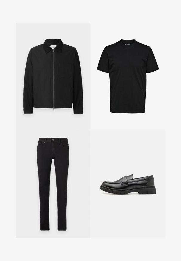 Veste zipée noire à manches longues avec col, une poche poitrine et deux poches latérales, présentée sur un fond blanc.; T-shirt noir uni à manches courtes, col rond, coupe droite sans motifs ni logos visibles.; Jeans noirs slim avec cinq poches, fermeture à bouton et passants de ceinture, présentés à plat sur un fond blanc.; Mocassin en cuir noir avec une large sangle sur le devant, semelle en caoutchouc à épaisse rainure, et texture lisse. Design classique et élégant.