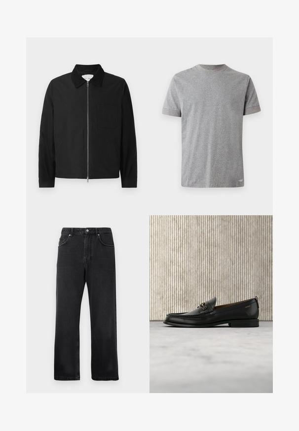 Schwarze Langarm-Jacke mit Reißverschluss und Kragen, einer Brusttasche und zwei Seitentaschen, auf einem weißen Hintergrund präsentiert.; Graues T-Shirt mit kurzen Ärmeln aus weicher Baumwolle. Verfügt über einen runden Halsausschnitt mit kontrastierendem Besatz und einen geraden Saum am unteren Ende.; Schwarze gerade geschnittene Jeans mit Vordertaschen, Gürtelschlaufen und einem Knopfverschluss auf weißem Hintergrund.; Schwarzer Lederloafer mit goldfarbenem Metallbit und "HUGO"-Markenlogo, präsentiert vor einem beigen Teppich und braunen durchsichtigen Möbelstücken.