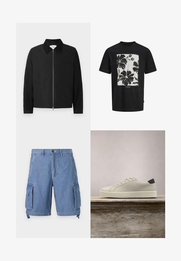 Schwarze Langarm-Jacke mit Reißverschluss und Kragen, einer Brusttasche und zwei Seitentaschen, auf einem weißen Hintergrund präsentiert.; Schwarzes kurzärmeliges T-Shirt mit einem großen rechteckigen weißen Panel, das mutige schwarze Blumenmuster zeigt und auf der Brust zentriert ist.; Blaue Jeans-Cargo-Shorts mit Knopfverschluss, zwei Fronttaschen und zwei großen seitlichen Klapptaschen. Mit verstellbaren Kordeln am Saum.; Weißer Sneaker mit strukturierter Sohle und schwarzem Absatzdetail, schwebend über einer Holzbank mit hohem grünem Gras im Hintergrund.