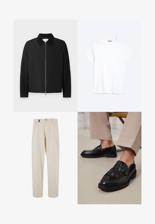 Zwarte lange mouwen ritsjack met kraag, een borstzak en twee zijzakken, weergegeven op een witte achtergrond.; Effen witte T-shirt met korte mouwen en ronde hals met een zichtbaar WEEKDAY-merklabel bij de nek, weergegeven op een lichte achtergrond.; Beige katoenen broek met een recht pasvorm, voorzien van voorzakken en een knoopsluiting. Gladde textuur met minimale details.; Zwarte leren loafers met een gladde afwerking, voorzien van een decoratieve band en contrasterende stiksels, gecombineerd met beige broeken.