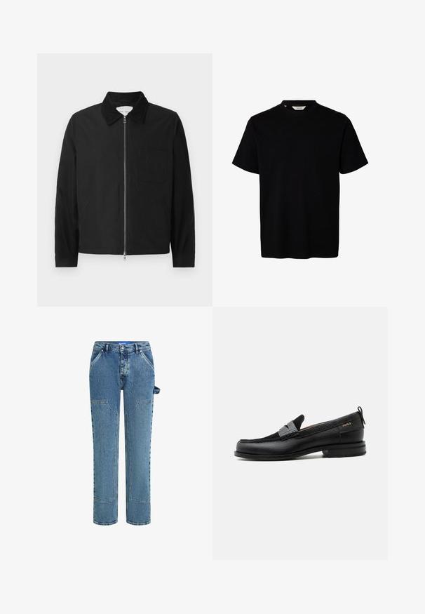 Sort langærmet zip-jakke med krave, en brystlomme og to sidelommer, præsenteret på en hvid baggrund.; Sort kortærmet T-shirt med rund hals og enkelt design, vist på hvid baggrund.; Blå denimjeans med et lige ben-design, der har kontrastfyldte lapper, to forlommer og en synlig løkke-detalje på siden.; Sort læderloafer med grå remdetalje, lav hæl og tekstureret sål, mærket med "HUGO" i guld på siden.