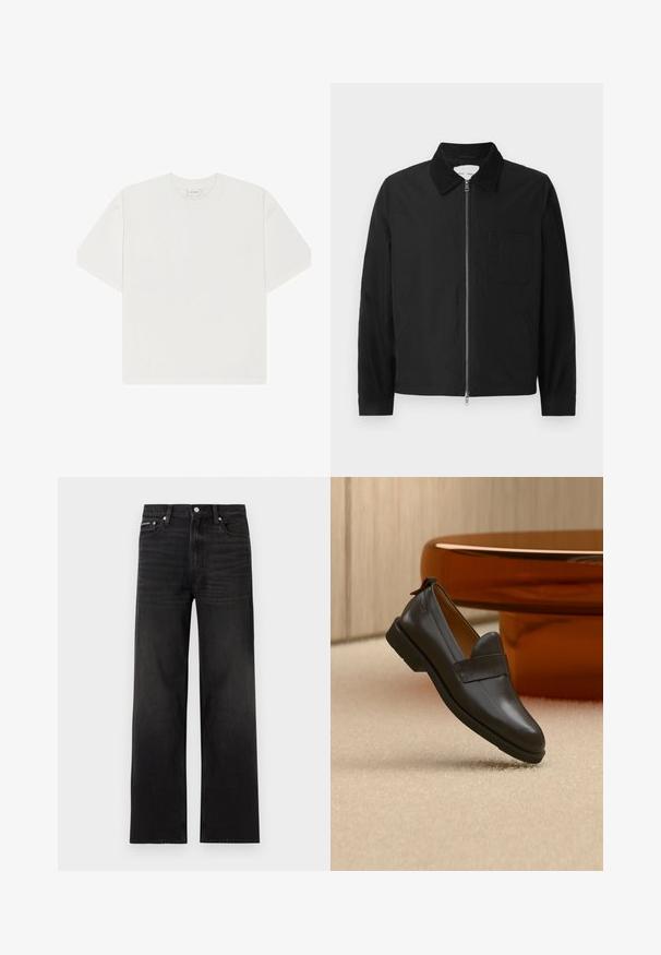 Black long-sleeve zip-up jacket with collar, one chest pocket, and two side pockets, displayed on a white background.; White cotton T-shirt with a crew neck, short sleeves, and a loose fit. Smooth texture with no noticeable patterns or hardware.; Black straight-leg jeans with five-pocket design, belt loops, and button closure, displayed on a white background.; Black leather loafer with a low heel floating above beige carpet, next to a glossy amber-colored table in a minimalist room.