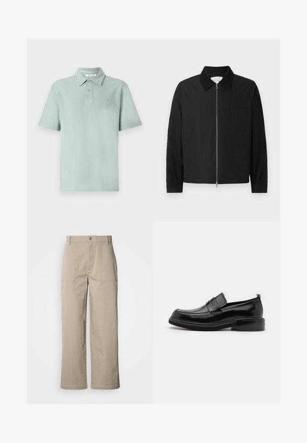 Chaqueta negra de manga larga con cremallera y collar, con un bolsillo en el pecho y dos bolsillos laterales, exhibida sobre un fondo blanco.; Polo verde claro con un tejido texturizado, mangas cortas, cuello, tapeta de dos botones y un logotipo bordado en el pecho.; Pantalones beige de pierna ancha hechos de algodón; cuentan con bolsillos frontales de parche, cierre con botón y costuras visibles a lo largo de los dobladillos.; Calvin Klein MOCCASIN - Mocasines elegantes - black