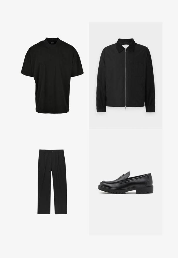 Schwarze Langarm-Jacke mit Reißverschluss und Kragen, einer Brusttasche und zwei Seitentaschen, auf einem weißen Hintergrund präsentiert.; Schwarzes T-Shirt mit kurzen Ärmeln und Rundhalsausschnitt, aus weichem Stoff, mit lockerer Passform und ohne sichtbare Muster oder Akzente.; Schwarze Hose mit geradem Schnitt, aus einem glatten Stoff gefertigt. Verfügt über Vorderfalten und einen einzelnen Knopfverschluss an der Taille.; Schwarze Lederloafers mit runder Zehenform, eleganter Schlupfdesign und dicker Gummisohle mit strukturiertem Griff. Erhöhter Absatz und dezente Nähdetails.