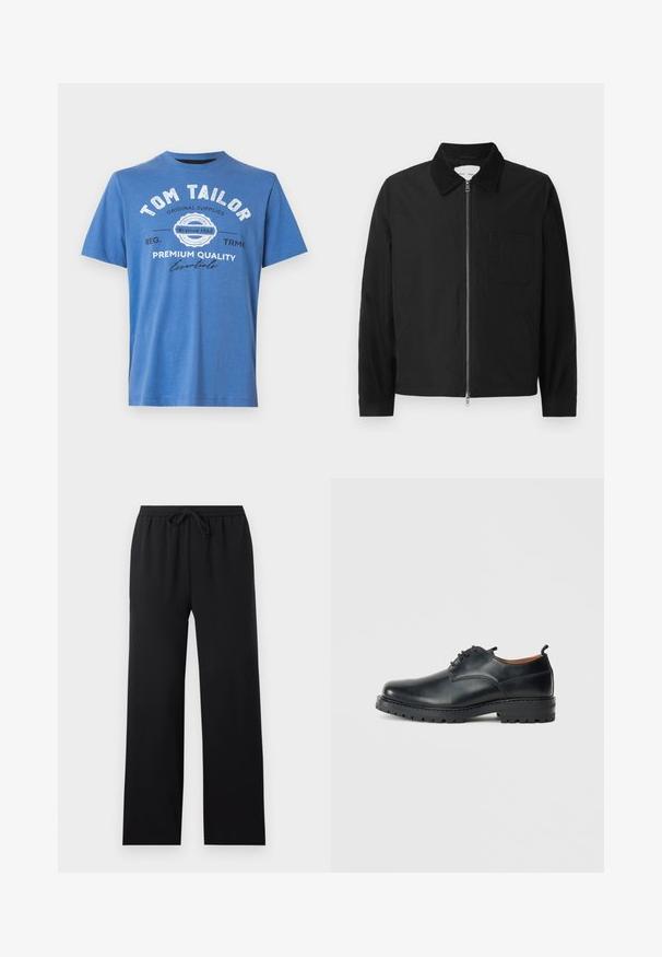Chaqueta negra de manga larga con cremallera y collar, con un bolsillo en el pecho y dos bolsillos laterales, exhibida sobre un fondo blanco.; Camiseta de algodón de manga corta en color azul. Presenta texto impreso con "TOM TAILOR" y logo. Cuello redondo clásico y dobladillo recto.; Pantalones negros de corte holgado con cintura elástica y cordón frontal, piernas rectas, diseño sencillo, mostrados sobre un fondo neutro.; Zapatos derby de cuero negro con una textura suave, punta redondeada, diseño de cordones y una suela de goma gruesa y resistente.