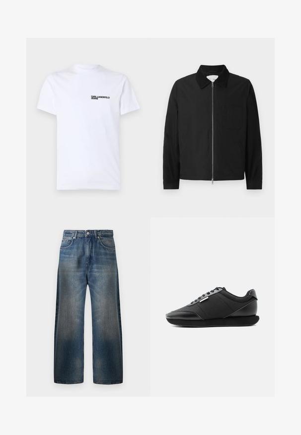 Zwarte lange mouwen ritsjack met kraag, een borstzak en twee zijzakken, weergegeven op een witte achtergrond.; Witte katoenen t-shirt met korte mouwen, een ronde halslijn en een zwart "KARL LAGERFELD JEANS" logo op de linkerkant van de borst.; Wijd model blauwe denim jeans met een vervaagde afwerking, met vijf zakken, een knoopsluiting en zichtbare stikseldetails.; Zwarte lage sneaker met getextureerde zijpanelen, bijpassende zwarte veters en een dikke, schuine zool op een effen witte achtergrond.