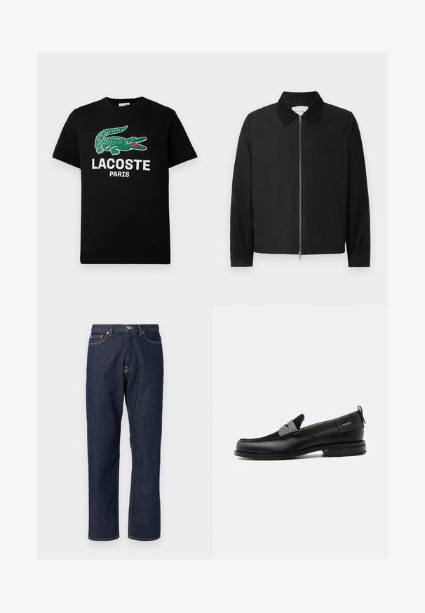 Zwarte lange mouwen ritsjack met kraag, een borstzak en twee zijzakken, weergegeven op een witte achtergrond.; Zwarte katoenen t-shirt met een groen krokodillenlogo en de tekst "LACOSTE PARIS" in het wit. Korte mouwen en een klassieke ronde hals.; Donkerblauwe denim jeans met een rechte pijpdesign. Beschikt over een knoop- en ritssluiting, vijf zakken en contrasterende stikdetails.; Zwarte leren loafer met grijs riemdetailelement, lage hak en gestructureerde zool, aan de zijkant gebrandmerkt met "HUGO" in goud.