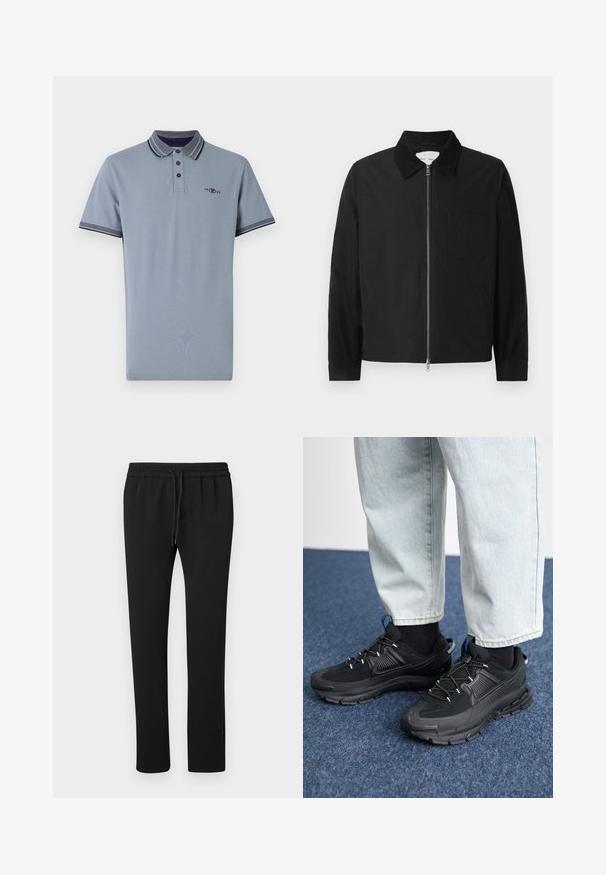 Zwarte lange mouwen ritsjack met kraag, een borstzak en twee zijzakken, weergegeven op een witte achtergrond.; Polo shirt in lichtblauw katoen, met een contrasterende kraag met marineblauwe accenten, een placket met twee knopen en een klein logo op de borst.; Zwarte joggingsbroek met een elastische tailleband en koord. Gemaakt van zachte stof, met een taps toelopend ontwerp en minimale details.; Zwarte sportschoenen met gestructureerde stof en rubberen zolen, met elastische veters en een blauwe accent op de hiel. Draag samen met lichte spijkerbroeken.