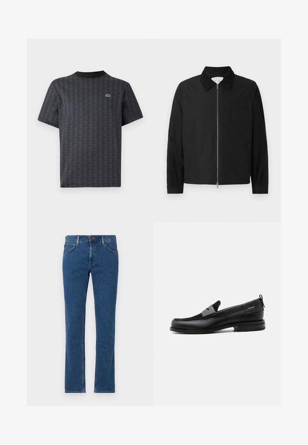 Sort langærmet zip-jakke med krave, en brystlomme og to sidelommer, præsenteret på en hvid baggrund.; Sort kortærmet t-shirt med et geometrisk mønster og et grønt krokodille-logo, med en ensfarvet sort rund hals.; Blå straight-leg denim jeans med forreste knap- og lynlåslukning, bæltestropper og fem-lommer design på hvid baggrund.; Sort læderloafer med grå remdetalje, lav hæl og tekstureret sål, mærket med "HUGO" i guld på siden.