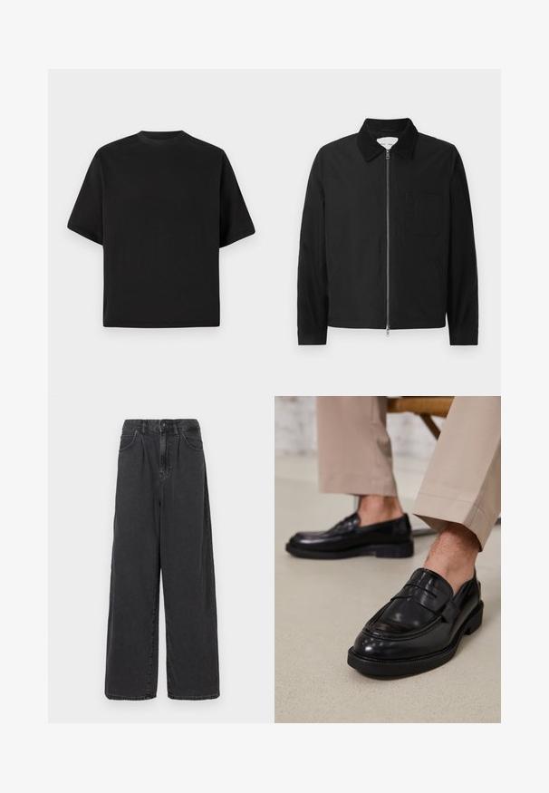 Chaqueta negra de manga larga con cremallera y collar, con un bolsillo en el pecho y dos bolsillos laterales, exhibida sobre un fondo blanco.; Camiseta negra de manga corta en un corte holgado, hecha de algodón suave, con cuello redondo y un diseño minimalista.; Pantalones de denim negros de tiro alto y pierna ancha, con cierre de botón y cremallera en el frente, que cuentan con bolsillos laterales y una textura suave.; Mocasines de cuero negro con un acabado suave, que cuentan con una correa decorativa y costuras en contraste, combinados con pantalones beiges.