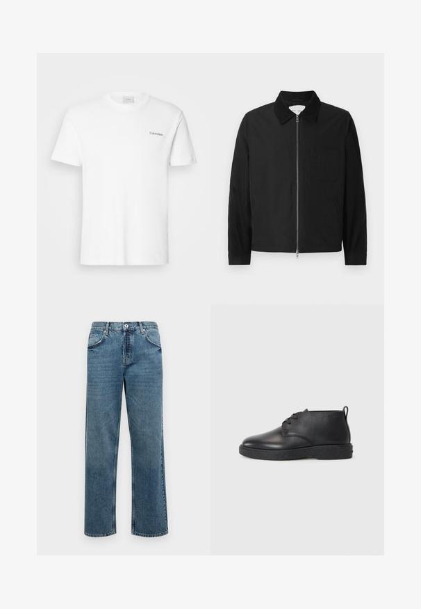 Schwarze Langarm-Jacke mit Reißverschluss und Kragen, einer Brusttasche und zwei Seitentaschen, auf einem weißen Hintergrund präsentiert.; Weißes Baumwoll-T-Shirt mit kurzen Ärmeln und Rundhalsausschnitt. Mit einem kleinen schwarzen "Calvin Klein"-Logo auf der linken Brust.; Blaue Jeans aus Denim mit geradem Schnitt, ausgestattet mit fünf Taschen, einem Knopf- und Reißverschluss sowie sichtbaren Nähten.; Schwarze Leder-Stiefeletten mit glatter Textur, abgerundeter Spitze und schwarzer Gummisohle. Verfügt über ein Schnürdesign und eine Fersenschlaufe für ein einfaches Anziehen.