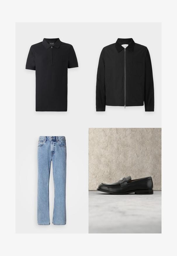 Schwarze Langarm-Jacke mit Reißverschluss und Kragen, einer Brusttasche und zwei Seitentaschen, auf einem weißen Hintergrund präsentiert.; Schwarzes Poloshirt mit kurzen Ärmeln und durchgehendem Reißverschlusskragen, aus glattem Stoff gefertigt, mit klassischem Design und taillierter Passform.; Hellblaue Jeans aus Denim mit geradem Bein, fünf Taschen und Knopfverschluss. Nähte in der Nähe der Taschen und des Bundes.; Schwarzer Lederloafer mit einer Metallmarkenplatte, der nahe einem braunen runden Tisch auf beigem Teppichboden ruht.