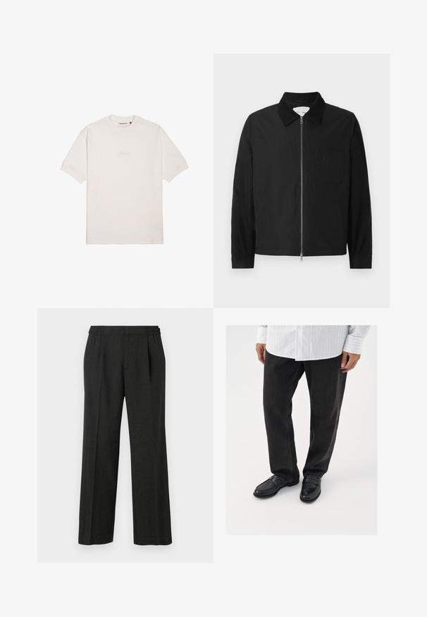 Veste zipée noire à manches longues avec col, une poche poitrine et deux poches latérales, présentée sur un fond blanc.; T-shirt blanc à manches courtes en coton doux, avec un logo de marque subtilement gaufré sur la poitrine et un col rond classique.; Pantalons larges noirs avec une taille élastique, un devant plissé et une texture lisse. Pas de motifs visibles ni de détails en quincaillerie.; Pantalons en denim noir associés à des mocassins noirs brillants. La chemise est blanche avec de fines rayures verticales, avec des manches longues et un col boutonné.