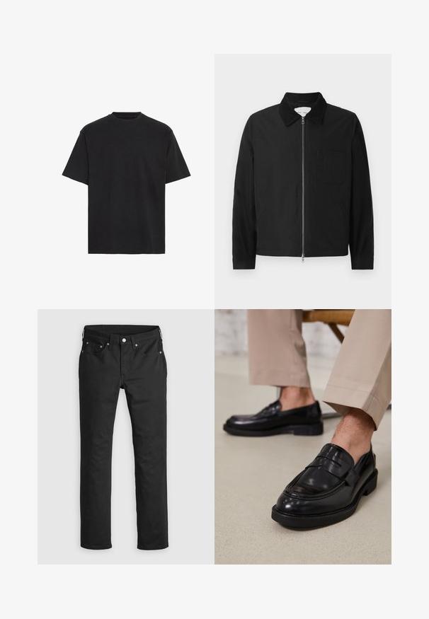 Chaqueta negra de manga larga con cremallera y collar, con un bolsillo en el pecho y dos bolsillos laterales, exhibida sobre un fondo blanco.; Camiseta de algodón negra, de manga corta, cuello redondo, ligera, de corte holgado, con textura suave, sin patrones ni acentos visibles.; Pantalones de mezclilla negros con un corte recto, que presentan una cremallera, cinco bolsillos y acentos de botones metálicos. Textura suave.; Mocasines de cuero negro con un acabado suave, que cuentan con una correa decorativa y costuras en contraste, combinados con pantalones beiges.