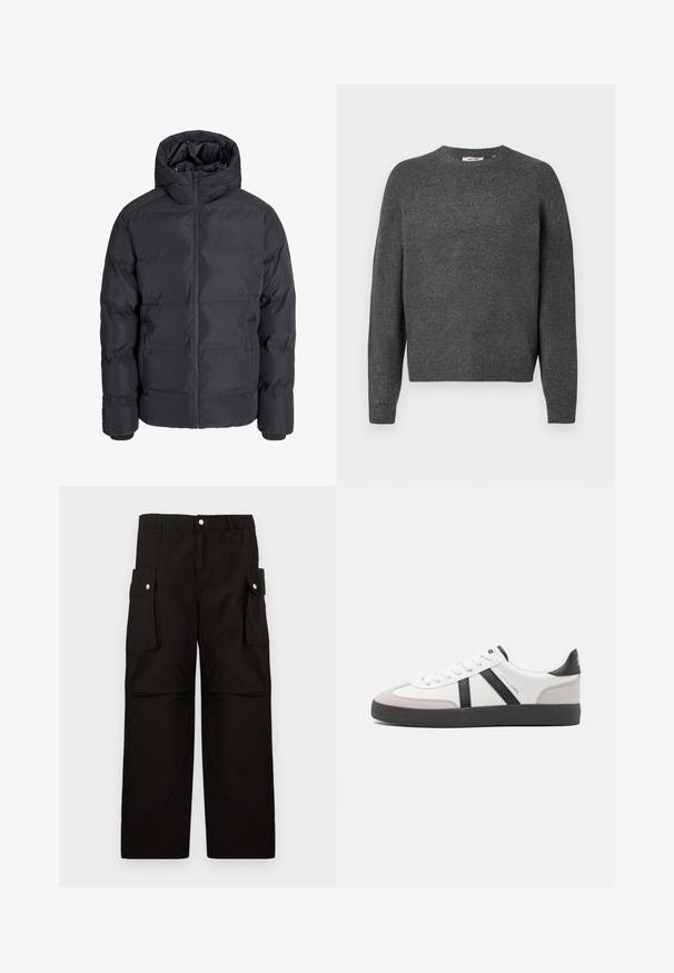 Chaqueta de invierno acolchada negra con capucha, cremallera frontal y dos bolsillos laterales, mostrada sobre un fondo liso gris claro.; Suéter gris oscuro hecho de un suave material de punto, con cuello redondo, mangas largas y dobladillo y puños acanalados. Diseño liso, sin patrones.; Pantalones cargo negros de tela suave, con una cinturilla elástica, bolsillos laterales con solapas y un diseño holgado de pierna recta.; Zapatilla blanca con acentos en negro y gris, que presenta una puntera texturizada en gris, suela de goma negra y cordones planos blancos. Diseño limpio, estilo minimalista.