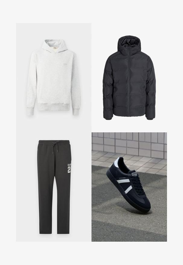 Chaqueta de invierno acolchada negra con capucha, cremallera frontal y dos bolsillos laterales, mostrada sobre un fondo liso gris claro.; Sudadera gris claro hecha de tela suave, con un diseño clásico, bolsillo frontal tipo canguro y puños acanalados. Pequeño logo en el pecho.; Pantalones de chándal gris oscuro con cintura elástica y cordón, con el texto blanco "Hollister 21" en la parte superior del muslo izquierdo.; Zapatilla de cuero negra con rayas blancas, suela de goma texturizada y parte frontal con cordones. Cuenta con una etiqueta de marca en la lengüeta.