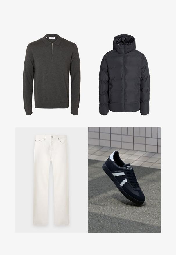 Sort polstret vinterjakke med hætte, frontlynlås og to sidelommer, vist på en ensfarvet lys grå baggrund.; Mørkegrå langærmet polo sweater med kort front lynlås og en foldet krave, vist på en ensfarvet hvid baggrund.; Hvide jeans med lige ben, fem lommer, knaplukning og bæltestropper, vist på en enkel lys baggrund.; Sort lædersneaker med hvide striber, tekstureret gummisål og snørrebånd foran. Har et brandet mærke på tungen.