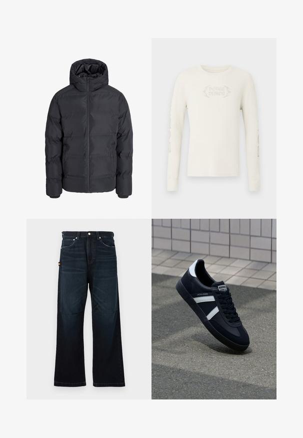 Chaqueta de invierno acolchada negra con capucha, cremallera frontal y dos bolsillos laterales, mostrada sobre un fondo liso gris claro.; Camiseta de manga larga color crema con tejido acanalado y "DODGE DEMON" bordado en el frente, con gráficos impresos en la manga derecha. Textura suave.; Vaqueros rectos de color azul oscuro con diseño clásico de cinco bolsillos, trabillas para el cinturón y sutiles detalles desgastados en la parte frontal y las rodillas.; Zapatilla de cuero negra con rayas blancas, suela de goma texturizada y parte frontal con cordones. Cuenta con una etiqueta de marca en la lengüeta.