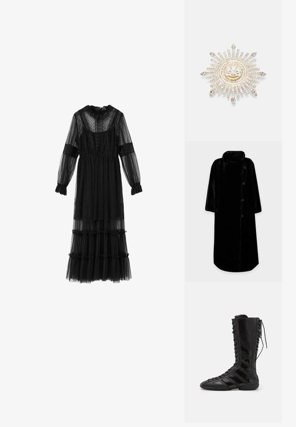 Long manteau noir en fausse fourrure avec col montant et quatre boutons latéraux, présenté sur un fond clair uni.; Robe midi noire transparente à manches longues avec pois, détails en dentelle, poignets volantés, col montant et couches jupe à volants.; Bottes montantes noires en matériau synthétique brillant, présentant un design de laçage sophistiqué et des accents de rayures diagonales sur les côtés.; Broche en argent avec un design en rayons de soleil, mettant en vedette des strass clairs et un centre circulaire accentué d'or avec un emblème.