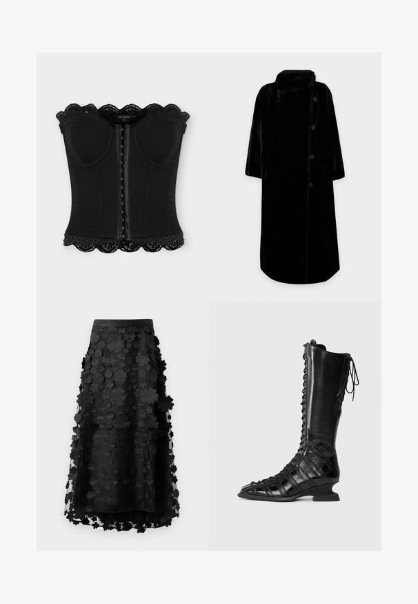 Long manteau noir en fausse fourrure avec col montant et quatre boutons latéraux, présenté sur un fond clair uni.; Corset noir sans bretelles avec fermeture à crochets à l'avant, bonnets moulés et bordure en dentelle festonnée en haut et en bas.; Jupe midi noire en tissu transparent avec des appliqués floraux superposés. Présente une taille lisse et une silhouette fluide. Sans fermetures visibles.; Botte noire jusqu'au genou avec un laçage sur le devant, fabriquée en cuir lisse et texturé, dotée d'un talon sculpté et d'un design de panneaux géométriques.