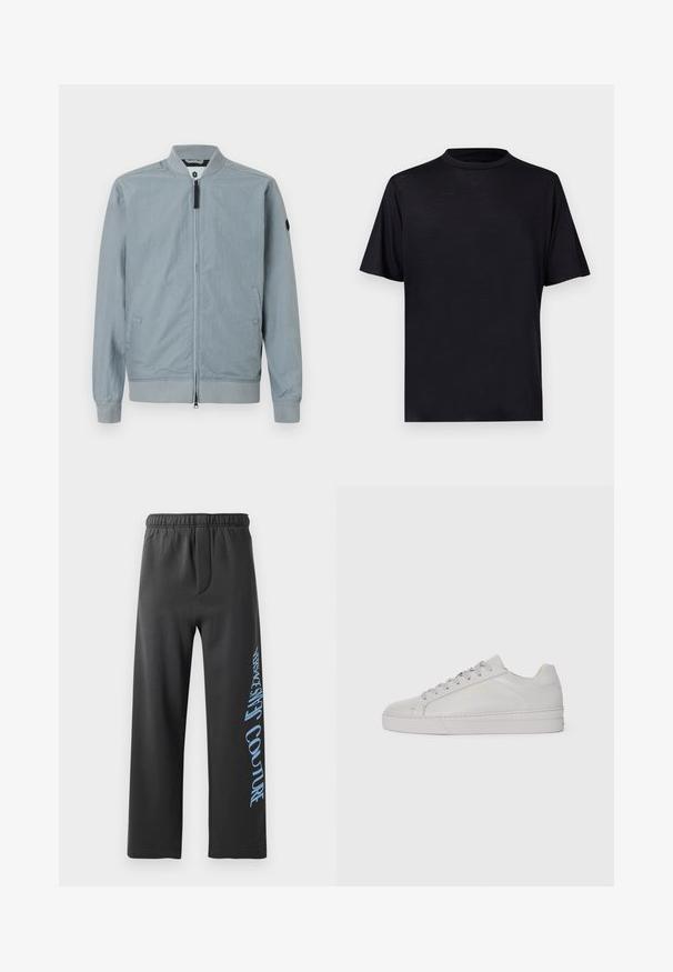 Lys grå bomberjakke, lynlås lukning, ribbet krave og manchetter, sidelommer, minimalistisk design med et lille accentlogo på ærmet.; Sort T-shirt med korte ærmer og høj hals, lavet af en glat, letvægtsstof, med et minimalistisk design uden mønstre eller detaljer.; Sorte sweatpants lavet af blødt stof, med en løs pasform og elastisk talje. Bemærkelsesværdig blå trykt tekst langs siden.; Lys grå lædersneaker med en glat tekstur, afrundet tå, flad gummisål og tonede snørebånd. Har minimal branding i guld.
