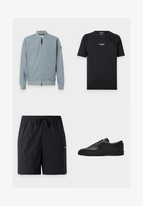 Veste bomber grise clair, fermeture éclaire, col et poignets côtelés, poches latérales, design minimaliste avec un petit logo en accent sur la manche.; T-shirt noir à manches courtes en tissu lisse, doté d'un col rond et d'un logo blanc "SILENCE" sur la poitrine.; Shorts de bain noirs en tissu texturé, avec une taille élastique à cordon de serrage et un petit logo sur le côté.; Baskets basses en cuir noir avec lacets sur le devant et semelle en caoutchouc plate, vues de côté sur un fond blanc uni.