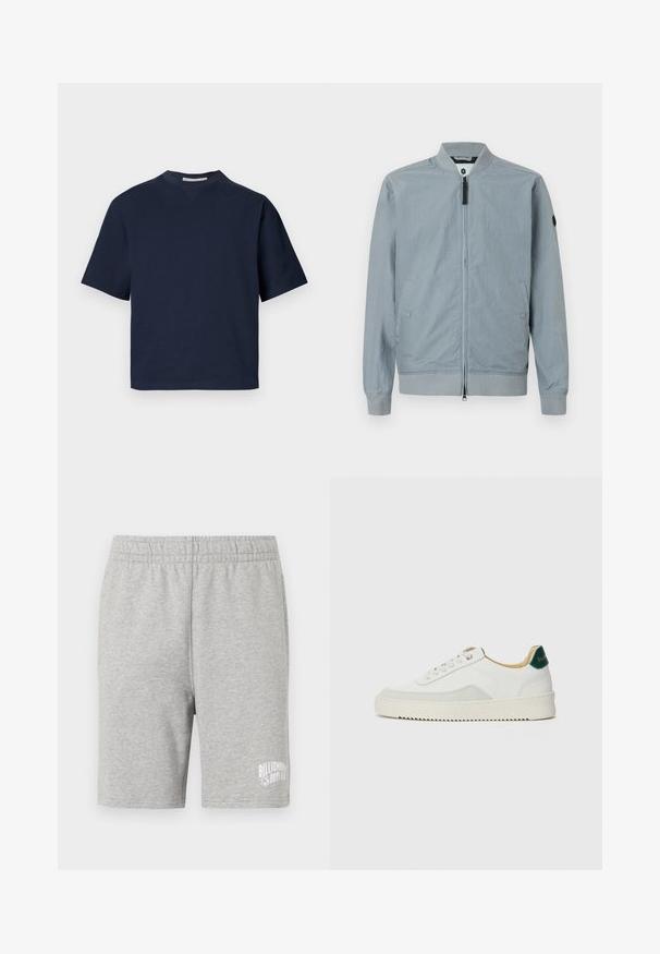 Chaqueta bomber de color gris claro, con cierre de cremallera, cuello y puños acanalados, bolsillos laterales, diseño minimalista con un pequeño logo en la manga.; Camiseta de manga corta azul marino con escote en V, hecha de material suave, con un ajuste relajado y un diseño minimalista, sin patrones ni herrajes visibles.; Pantalones cortos de algodón grises con una cinturilla elástica y un logo blanco en la parte inferior derecha. Textura suave, diseño a la altura de la rodilla.; Zapatilla blanca con acentos de ante, puntera redondeada, cordones planos y suela de goma color crema. Presenta un logo verde en el talón.