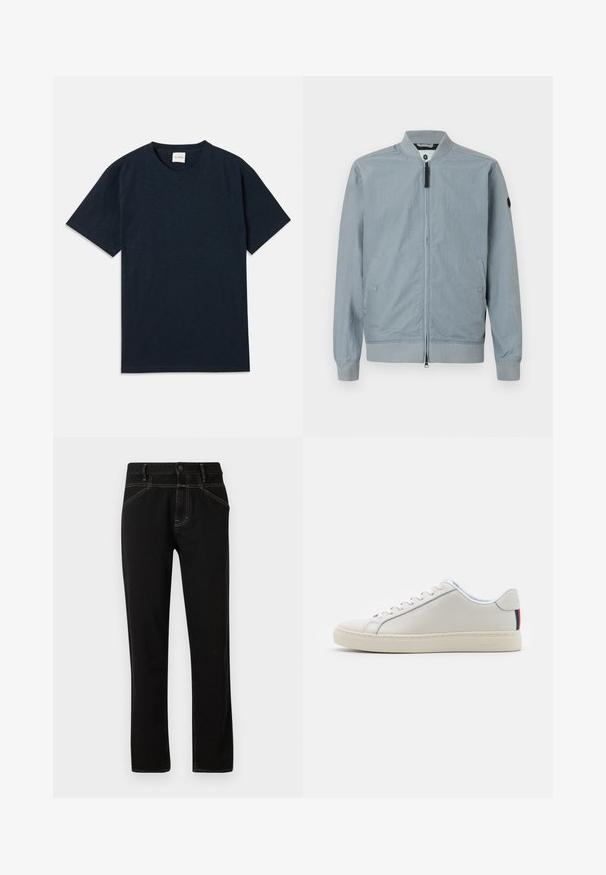Lys grå bomberjakke, lynlås lukning, ribbet krave og manchetter, sidelommer, minimalistisk design med et lille accentlogo på ærmet.; Ensfarvet mørkeblå kortærmet t-shirt med rund hals og lille præget logo nær den nederste kant.; Sorte denim jeans med lige pasform, prydet med gule syninger, fem lommer og en frontlukning med knap. Glat tekstur og minimalistisk design.; Hvide lædersneakers med en glat tekstur, rund tå, flad sål og matchende snørebånd. Har en farverig stribet detalje på hælen.