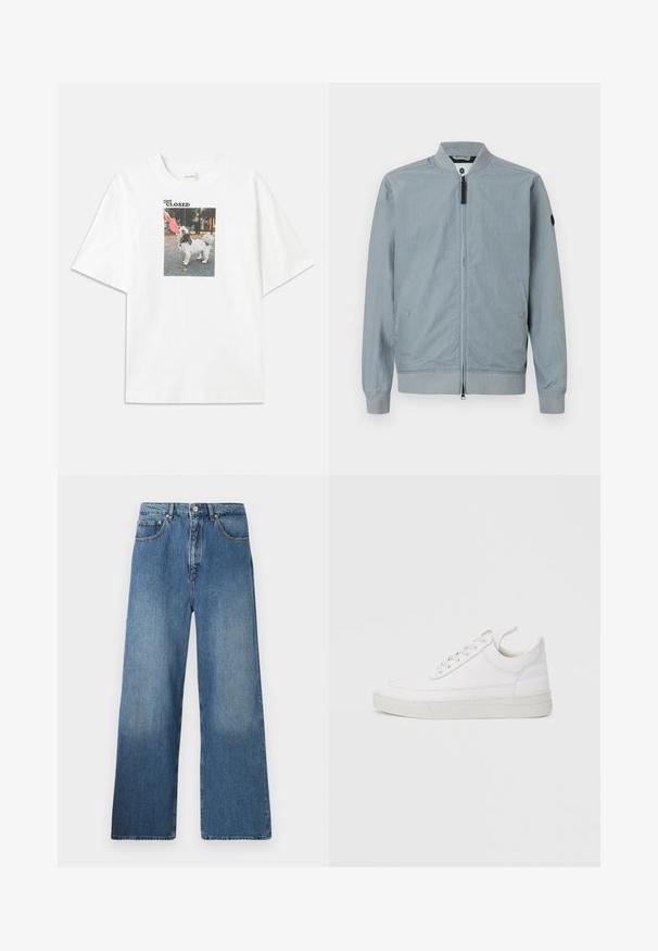Veste bomber grise clair, fermeture éclaire, col et poignets côtelés, poches latérales, design minimaliste avec un petit logo en accent sur la manche.; T-shirt en coton blanc avec une impression photo rectangulaire d'un chien tenant un frisbee rose. Le texte au-dessus de l'image indique "Rester FERMÉ."; Jean en denim bleu à jambes évasées avec un design classique à cinq poches, fermeture à bouton à l'avant et légères décolorations pour ajouter de la texture.; Baskets en cuir blanc avec un embout arrondi, une semelle plate et un laçage à l'avant. Présentent des détails de couture et un col rembourré pour plus de confort.