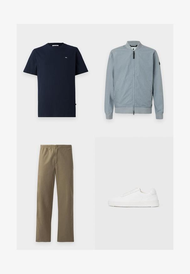 Helle graue Bomberjacke, mit Reißverschluss, geripptem Kragen und Ärmeln, seitlichen Taschen, minimalistischem Design und einem kleinen Akzent-Logo auf dem Ärmel.; Dunkelblauses Baumwoll-T-Shirt mit kurzen Ärmeln, Rundhalsausschnitt, subtilen "WW"-Logo auf der Brust und geradem Saum. Glatte Textur, lässiges Design.; Khaki-Hosen aus leichtem Stoff. Mit einem elastischen Bund, einem Knopfverschluss, geraden Beinen und einer glatten Textur.; Weißer Sneaker mit einem Obermaterial aus glattem Leder, abgerundetem Zehenbereich, Schnürsenkeln, strukturierten seitlichen Akzenten und einer dicken Gummisohle. Minimalistisches Design.