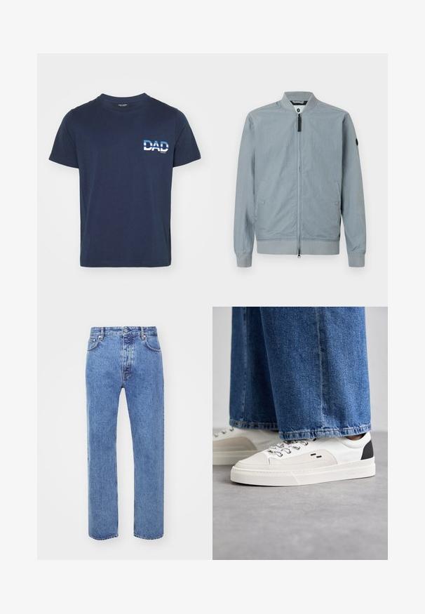 Lys grå bomberjakke, lynlås lukning, ribbet krave og manchetter, sidelommer, minimalistisk design med et lille accentlogo på ærmet.; Mørkeblå bomulds T-shirt med korte ærmer. Har en hvid grafisk tekst "DAD" på venstre side, i fed skrift. Enkel og afslappet design.; Won Hundred STEVE - Jeans Relaxed Fit - cut blue; Hvide og sorte sneakers med en glat læderoverdel, teksturerede detaljer og en kraftig hvid sål. Har et klassisk snørebåndsdesign.