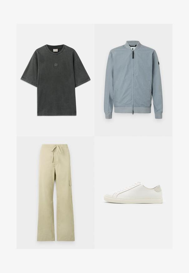 Lys grå bomberjakke, lynlås lukning, ribbet krave og manchetter, sidelommer, minimalistisk design med et lille accentlogo på ærmet.; Mørkegrå oversized T-shirt med korte ærmer, rund halsudskæring og lille broderet knudedesign centreret på brystet.; Lys beige cargo bukser med brede ben, elastisk talje og snor, med sidelommer og en enkelt cargo lomme.; Hvide lædersneakers med en glat overflade, rund tå og minimalistisk design. Funktioner i beige nuancer på hælen og en gummisål.