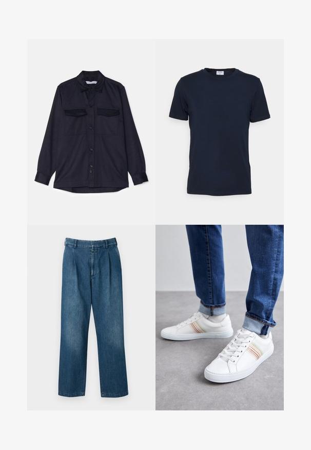 Chemise à manches longues bleu marine avec un devant à boutons, deux poches poitrine et un col. Fabriquée en tissu texturé avec une coupe décontractée.; T-shirt bleu marine à col ras du cou fabriqué en tissu doux. Manches courtes avec une coupe classique, avec une étiquette au niveau du col. Texture lisse, design minimal.; Pantalons en denim bleu avec un design à jambes droites, dotés d'une taille haute, de plis à l'avant et d'une fermeture à bouton classique. Texture lisse.; Baskets en cuir blanc avec des rayures multicolores, design à lacets, semelle en caoutchouc et col rembourré, associées à un jean en denim bleu.