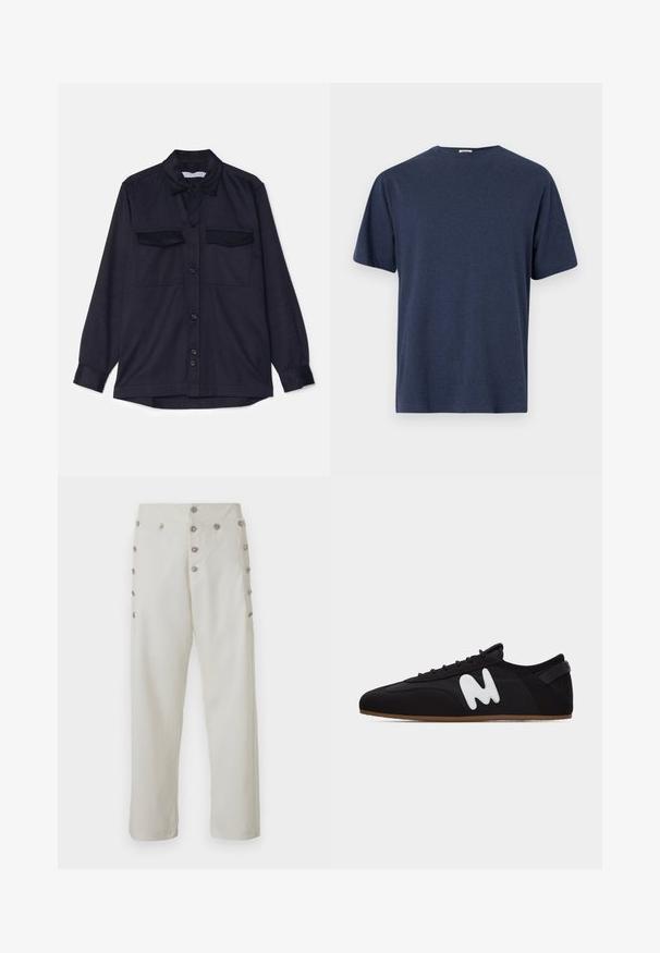 Marineblaues Langarmhemd mit Knopfleiste, zwei Brusttaschen und Kragen. Aus strukturiertem Stoff gefertigt und in lockerer Passform.; Dunkelblaues T-Shirt mit kurzen Ärmeln aus weichem Stoff, mit rundem Ausschnitt und einer lockeren, geraden Passform. Ohne sichtbare Muster oder Akzente.; Cremfarbene Hose mit geradem Schnitt, die dekorative silberfarbene Knopfdetails an beiden Seiten sowie eine glatte Stoffstruktur bietet.; Schwarzer Sneaker mit niedrigem Schaft, dünner brauner Sohle und weißem stilisiertem "M"-Logo an der Seite, von links gesehen.