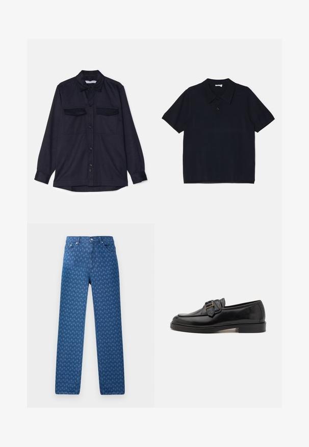 Navyblauwe longsleeve shirt met een knoopsluiting aan de voorkant, twee borstzakken en een kraag. Gemaakt van textuurstof met een relaxed fit.; Zwarte polo met korte mouwen van een zachte, lichte stof. Heeft een klassieke kraag en een voorste knoopsluiting.; Blauwe spijkerbroek met een herhalend textuurpatroon, vijf zakken en een knoopsluiting in de tailleband. Rechte pijp.; Zwarte leren instappers met een ronde neus en een decoratieve gesp. Platte, stevige hak en een gladde textuur overal.