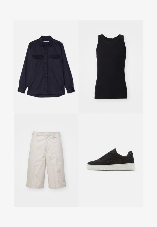 Navyblauwe longsleeve shirt met een knoopsluiting aan de voorkant, twee borstzakken en een kraag. Gemaakt van textuurstof met een relaxed fit.; Zwarte tanktop gemaakt van een gladde, rekbare stof. Heeft een ronde halslijn en geen mouwen, met een slim fit en een eenvoudig ontwerp.; Beige katoenen shorts met een rechte snit, knie-lang, met twee voorzakken en subtiele plooien voor extra textuur.; Zwarte suède sneakers met een gestructureerde afwerking, voorzien van platte veters en een contrasterende witte rubberen zool met een zigzagpatroon.