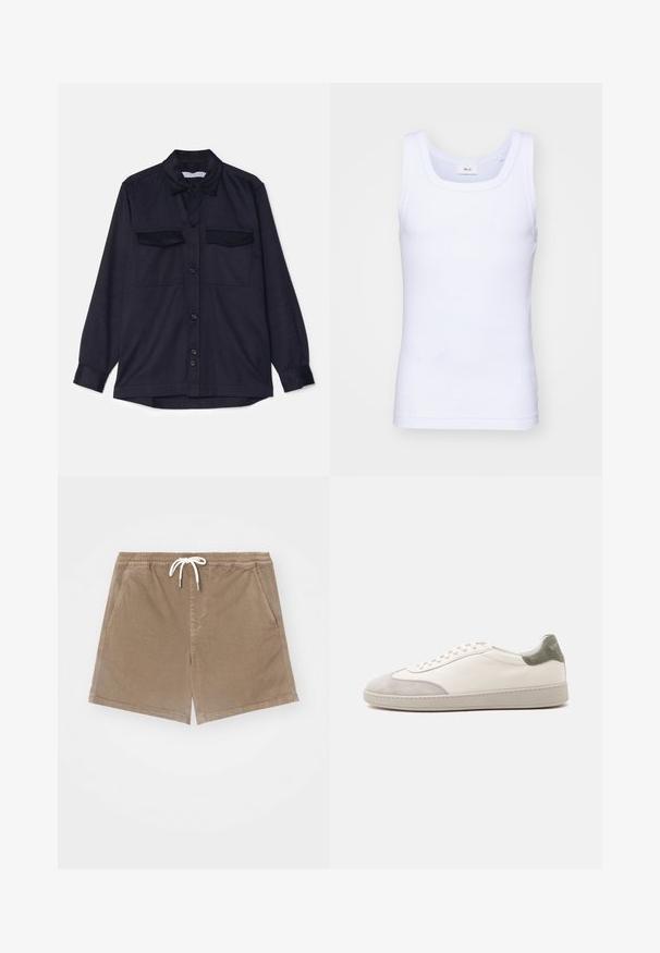 Chemise à manches longues bleu marine avec un devant à boutons, deux poches poitrine et un col. Fabriquée en tissu texturé avec une coupe décontractée.; Débardeur sans manches en coton blanc avec un col rond, présentant une texture lisse et une coupe ajustée, conçu pour un usage décontracté.; Shorts en coton marron avec une taille élastique et un cordon de serrage blanc, dotés de deux poches latérales et d'une coupe droite.; Baskets basses blanches avec accents en daim gris clair sur le bout et le talon, lacets blancs et semelle beige plate, vues de côté extérieur.