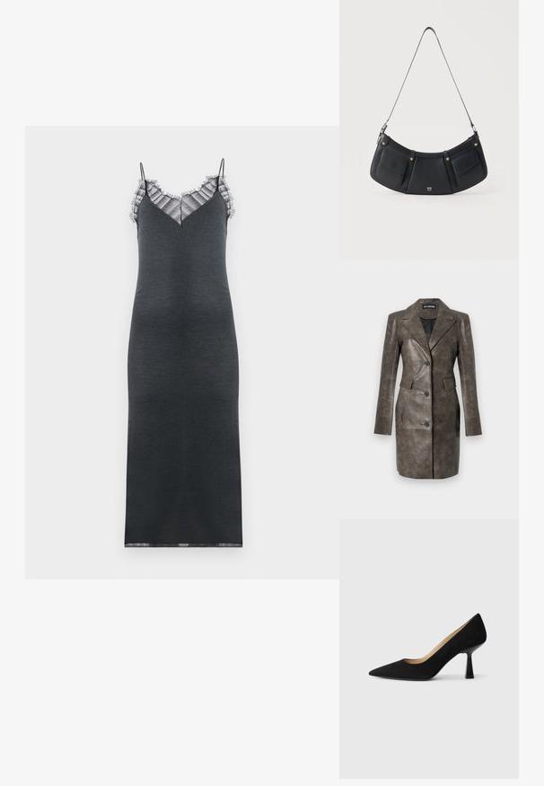Veste en cuir marron avec un col pointu, fermeture à un bouton, poches latérales et texture lisse. Coupe ajustée avec des manches longues.; Robe sans manches gris foncé avec une silhouette ajustée, présentant une bordure en dentelle froncée le long du décolleté en V et une texture lisse.; Pompe à talons hauts en suède noir avec un bout pointu, dotée d'un talon bloc noir brillant et d'une doublure intérieure lisse.; Sac à épaule en cuir noir avec deux poches avant à rabat, détails en boutons dorés, et une fine sangle ajustable.