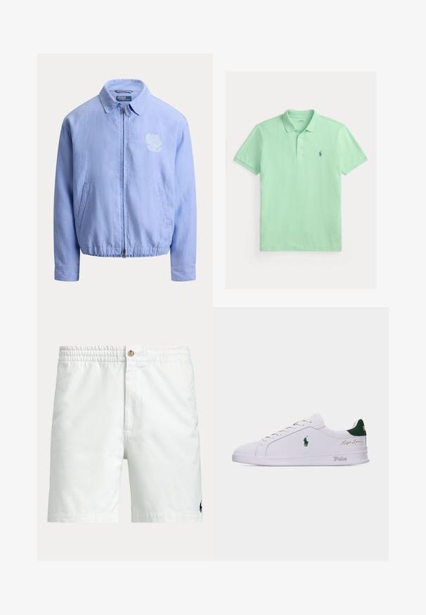 Chaqueta azul claro con cremallera y cuello, cintura elástica, bolsillos laterales y escudo blanco bordado en el pecho izquierdo.; Polo de color verde claro hecho de tela de algodón suave, con una tapeta de dos botones y un pequeño logotipo bordado en azul en el pecho.; Pantalones cortos blancos para hombre con cinturilla elástica, cierre de botón, bolsillos laterales y pequeño logo oscuro cerca del dobladillo inferior en una pierna.; Zapatilla blanca de corte bajo con lengüeta trasera verde, logo bordado del caballo Polo en el lateral, texto "Polo" en la suela y firma dorada "Ralph Lauren" en la parte superior.