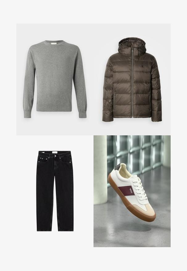 Chaqueta acolchada marrón con capucha, presenta un cierre frontal, bolsillos laterales y un diseño acolchado. El material parece ligero y suave.; Calvin Klein Jersey de punto - medium grey; Vaqueros de mezclilla negra con un corte recto, textura ligeramente desgastada, cinco bolsillos y detalles en metal plateado. Etiqueta en la cintura.; Zapatilla blanca de perfil bajo con suela marrón, franja granate con la etiqueta "BOSS", detalles beige en la puntera y talón negro, flotando sobre un piso gris.