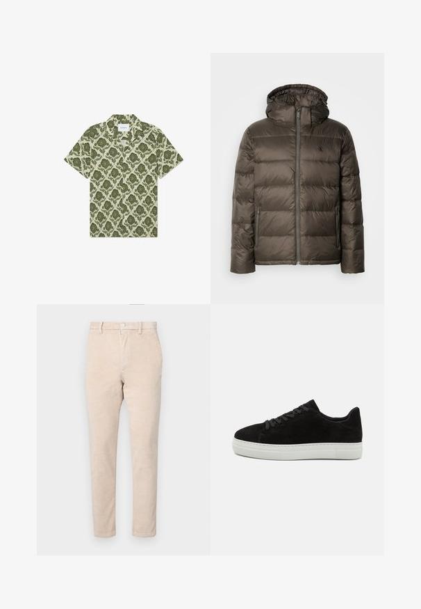 Braune gepolsterte Jacke mit Kapuze, ausgestattet mit einem Reißverschluss vorne, seitlichen Taschen und einem gesteppten Design. Das Material scheint leicht und glatt zu sein.; Kurzärmeliges Hemd mit grünem Blumenmuster auf einem hellbeigen Hintergrund. Verfügt über einen Kragen und ein Etikett mit der Aufschrift "Les Deux".; Beige Cordhosen aus Kordstoff mit klassischem Schnitt, ausgestattet mit Knopfverschluss, Reißverschluss und dezentem vertikalem Rippmuster.; Schwarze Wildledersneaker mit weißer Gummisohle, runder Zehenpartie und schwarzen Schnürsenkeln. Glatte Textur mit minimalistischem Design und ohne sichtbare Muster.